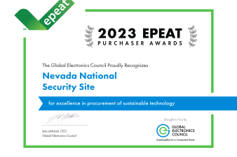 green, blue and white certificate for 2023 EPEAT Purchaser Awards that says the Global Electronics Council Proudly Recognizes Nevada National Security Site for excellence in procurement of sustainable technology with signature in bottom left and GEC logo in bottom right